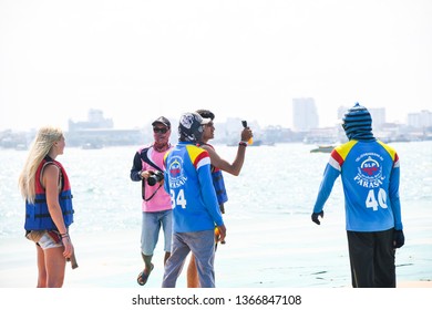 Boy Getting Ready For Parachute Ride With Gopro Camera In Hand In Air Flight Background Blue Sky Travel Summer, Para Sailing In Pattaya City Thailand ,9th February 2019