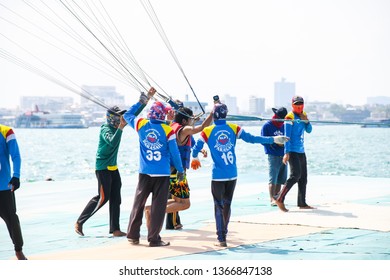 Boy Getting Ready For Parachute Ride With Gopro Camera In Hand In Air Flight Background Blue Sky Travel Summer, Para Sailing In Pattaya City Thailand ,9th February 2019