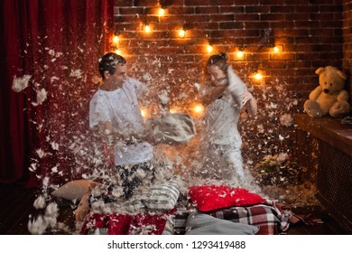 Boy And Girl Comic Pillow Fight With Flying Feathers