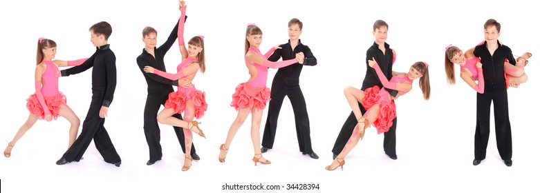 Boy And Girl Dancing Ballroom Dance On White Background. Five Poses