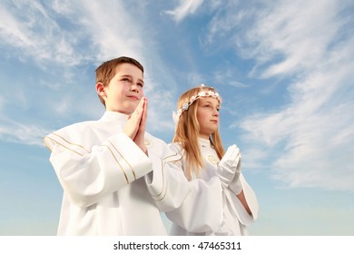 Boy And Girl In First Holy Communion, Purity Conscience, Praying Hands