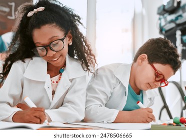 Boy, girl and lab coat with writing at school with thinking, glasses or notes for learning in class. Children, notebook and education for science with idea for studying, growth or progress at academy - Powered by Shutterstock