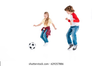 Boy And Girl Playing Football Isolated On White, Children Sport Concept