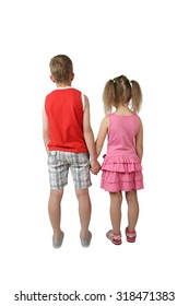 Boy And Girl Stand Back Holding Hands Isolated On White Background