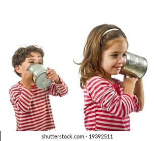 Boy And Girl Talking On A Tin Phone Isolated On White