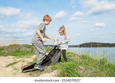 Boy and girl work together to unpack fishing rod by riverbank, preparing for day of outdoor fun and fishing. - Powered by Shutterstock