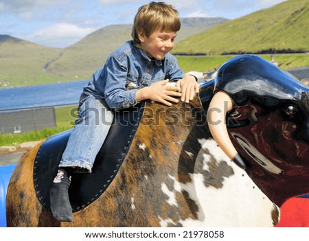 The boy goes for a drive on an attraction - equestrian on the bull