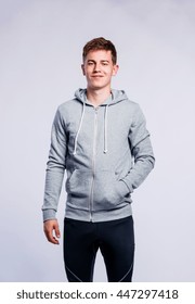 Boy In Gray Sweatshirt, Young Man, Studio Shot