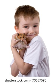 Boy with a  hamster on a white background