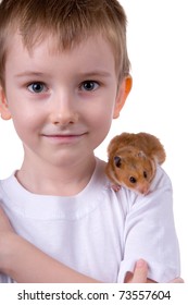 Boy with a  hamster on a white background