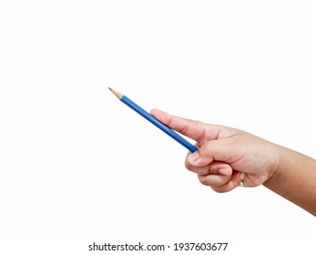 Boy Hand Holding Pencil On Isolated White Background 