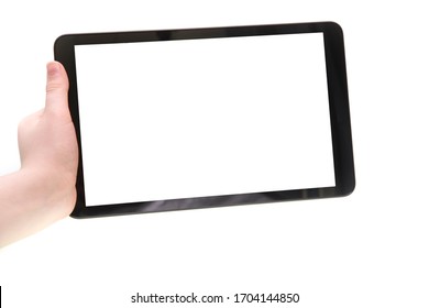 Boy Hand Holding Tablet Over White Background