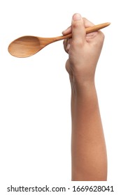 Boy Hand  Holding Wood Spoon Isolated On White Background.