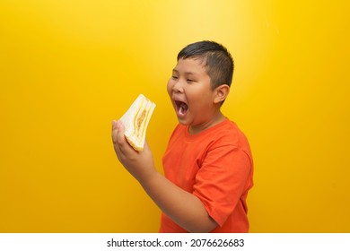 A boy with his wide mouth is open to eating a sandwich happy on yellow background. - Powered by Shutterstock