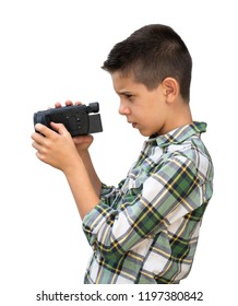 Boy Hold Video Camera. White Isolated