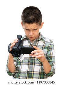 Boy Hold Video Camera. White Isolated