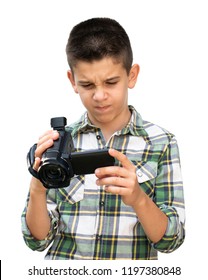 Boy Hold Video Camera. White Isolated