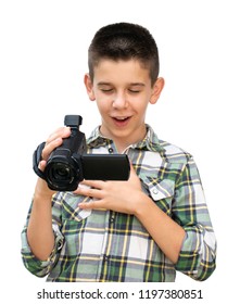 Boy Hold Video Camera. White Isolated