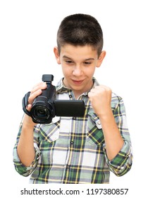 Boy Hold Video Camera. White Isolated