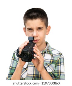 Boy Hold Video Camera. White Isolated