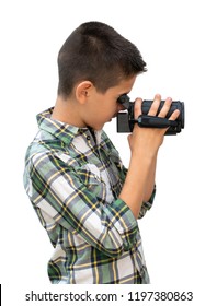 Boy Hold Video Camera. White Isolated