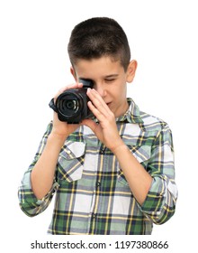 Boy Hold Video Camera. White Isolated