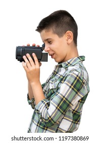 Boy Hold Video Camera. White Isolated