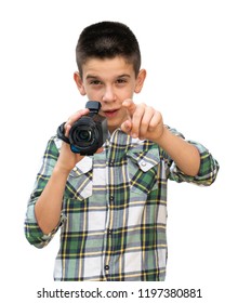 Boy Hold Video Camera. White Isolated