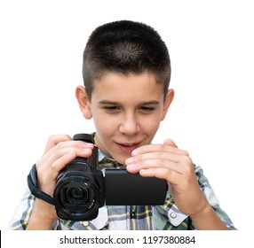 Boy Hold Video Camera. White Isolated