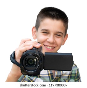 Boy Hold Video Camera. White Isolated