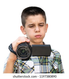 Boy Hold Video Camera. White Isolated