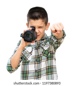 Boy Hold Video Camera. White Isolated