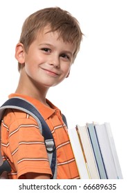 Boy Holding Books Isolated On A White Background