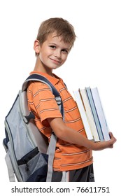 Boy Holding Books Isolated On A White Background