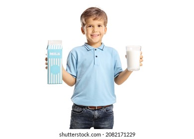 Boy Holding A Carton Pack And A Glass Of Milk Isolated On White Background