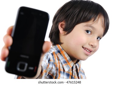  Boy Holding Up Cellular Phone And Smiling