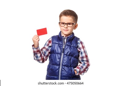 Boy Holding A Credit Card On White Background  