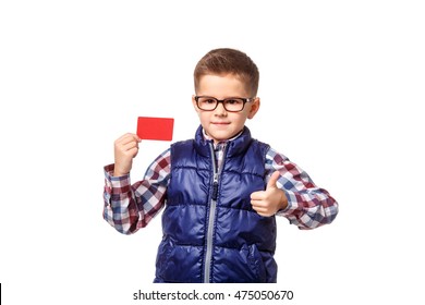 Boy Holding A Credit Card On White Background  