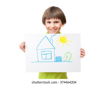 A Boy Is Holding A Drawing Of A Country House