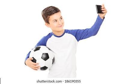 Boy Holding Football And Taking A Selfie Isolated On White Background