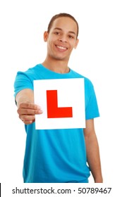 Boy Holding Learner Plate Isolated On White