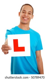 Boy Holding Learner Plate Isolated On White