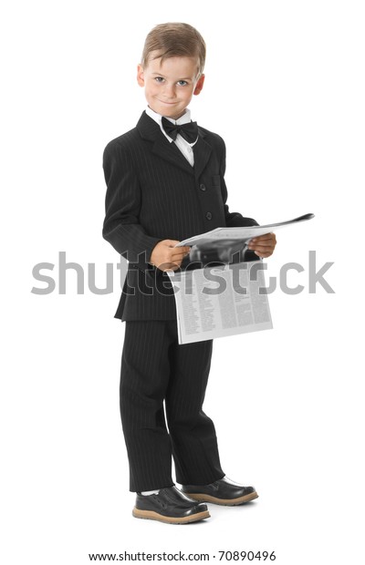 Boy Holding Newspaper Isolated On White Stock Photo Edit Now