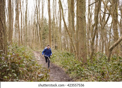 Boy holding stick running through a wood followed by pet dog