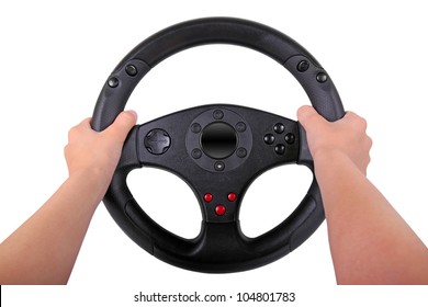 boy is holding a toy steering wheel