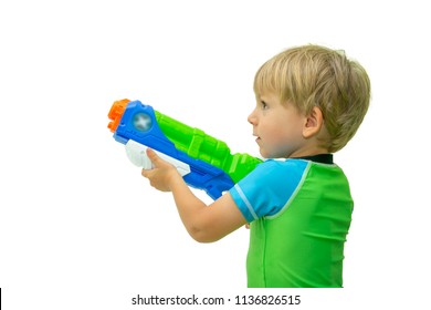 Boy Holds Water Gun Isolated On White