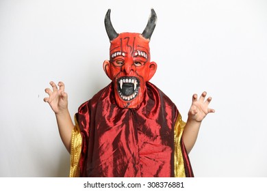 Boy In Horror Costume With Mask Isolated On White