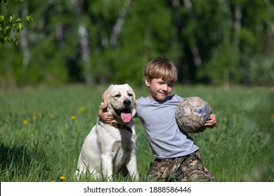 Boy Hugs Large Dog With One Hand And Holds Soccer Ball In The Other. Labrador And Child Are Sitting On Green Meadow And Posing.