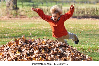 Boy Jumping Into Leaf Pile