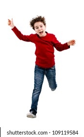 Boy Jumping, Running Isolated On White Background